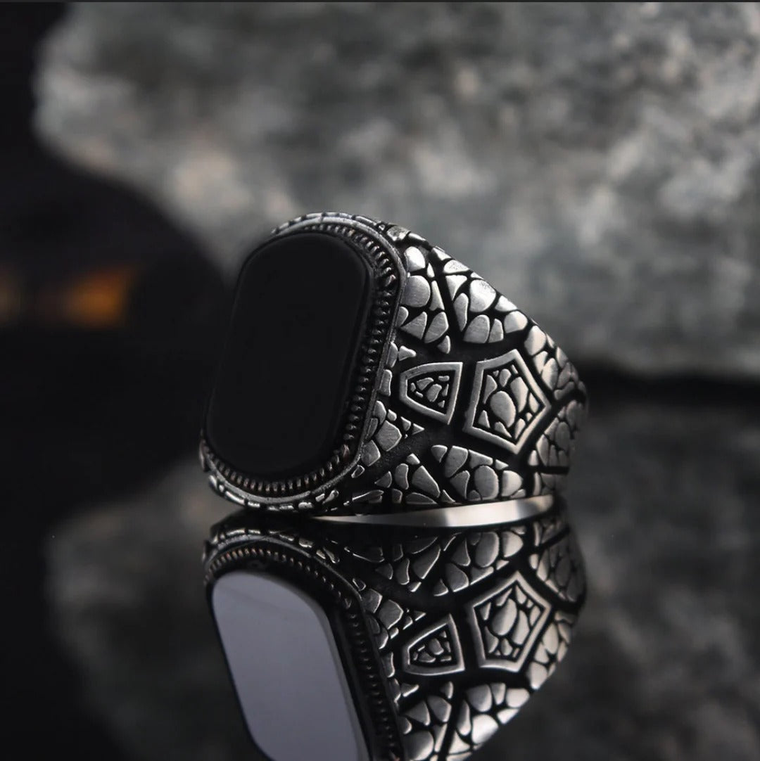 Unique Designed Turkish Style Ring with Natural Black Onyx