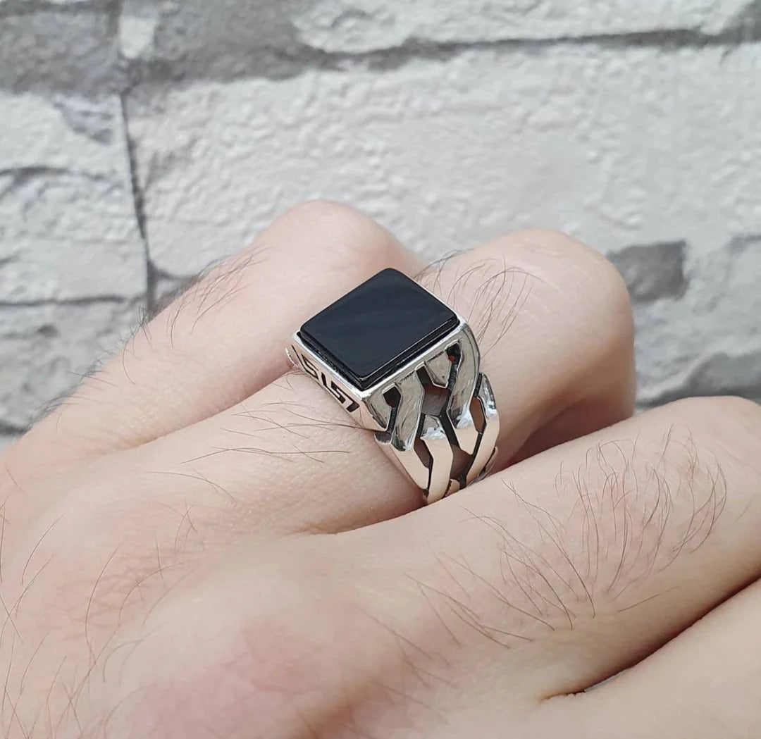 Unique Turkish Gucci Style Ring with Natural Black Onyx