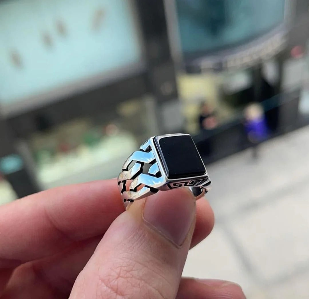 Unique Turkish Gucci Style Ring with Natural Black Onyx