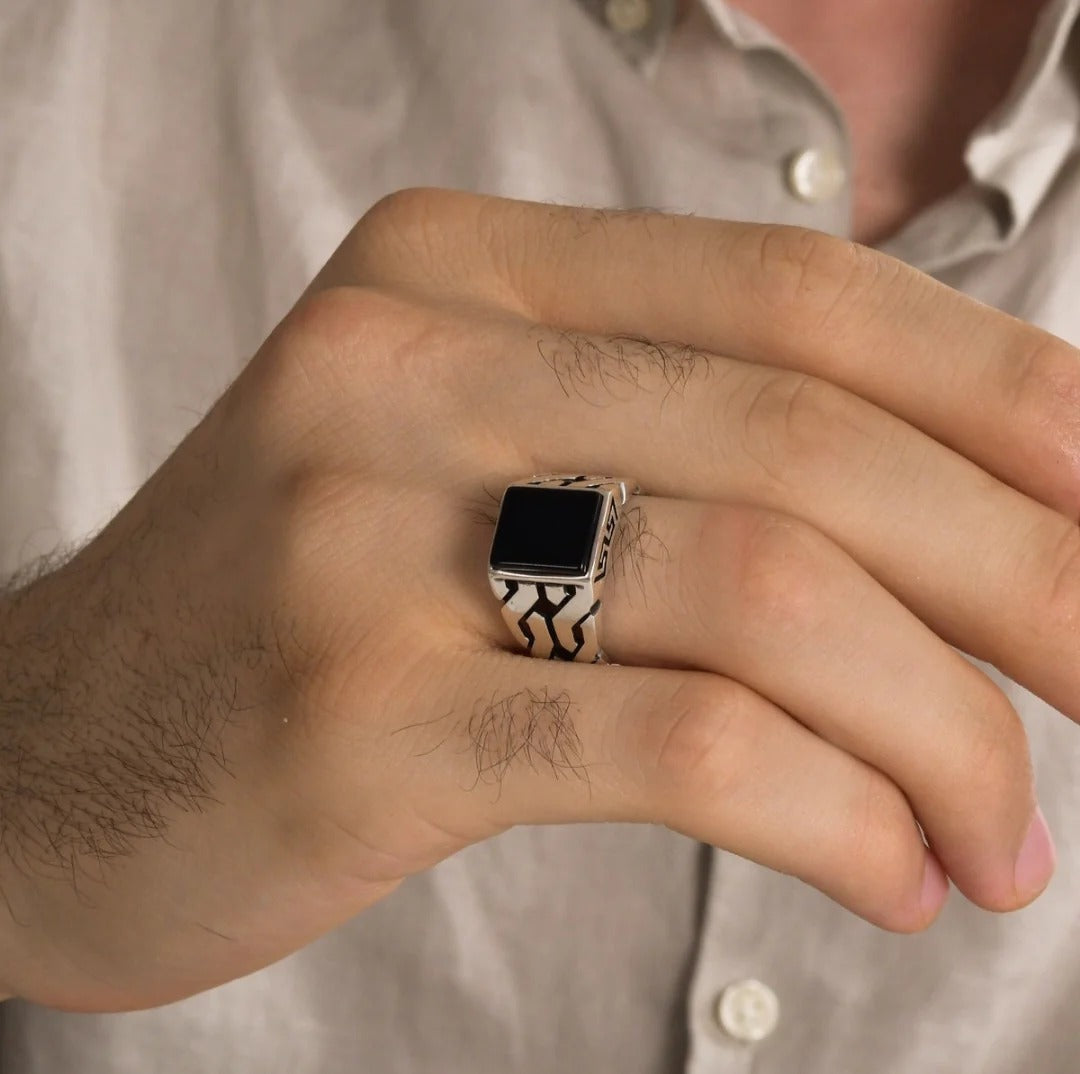 Unique Turkish Gucci Style Ring with Natural Black Onyx