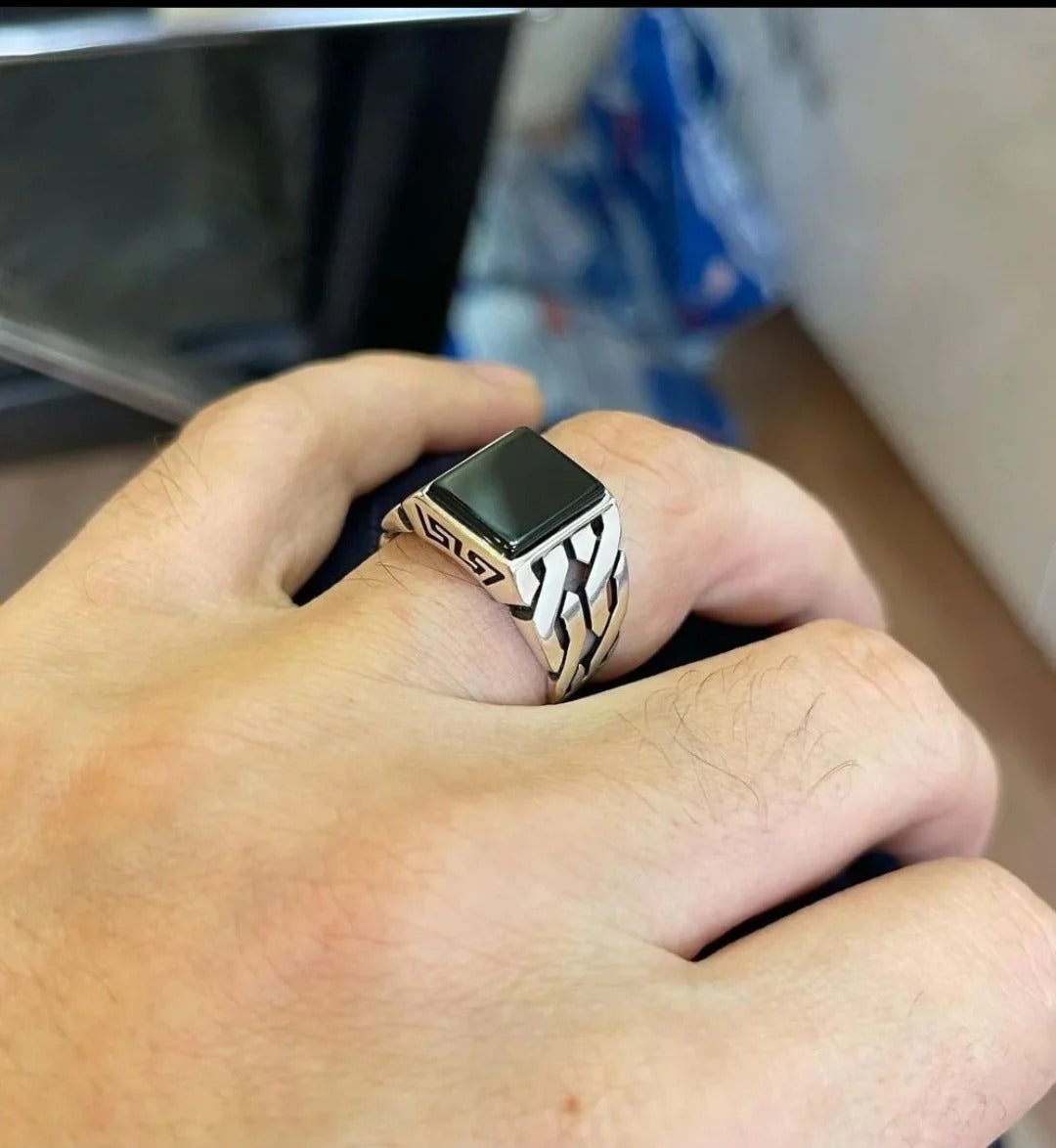 Unique Turkish Gucci Style Ring with Natural Black Onyx