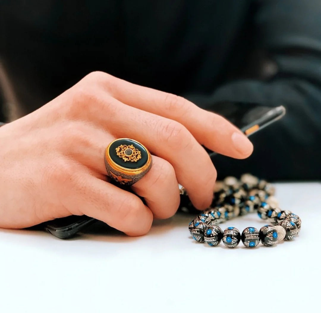 Unique Turkish Style Ring with Natural Black Onyx