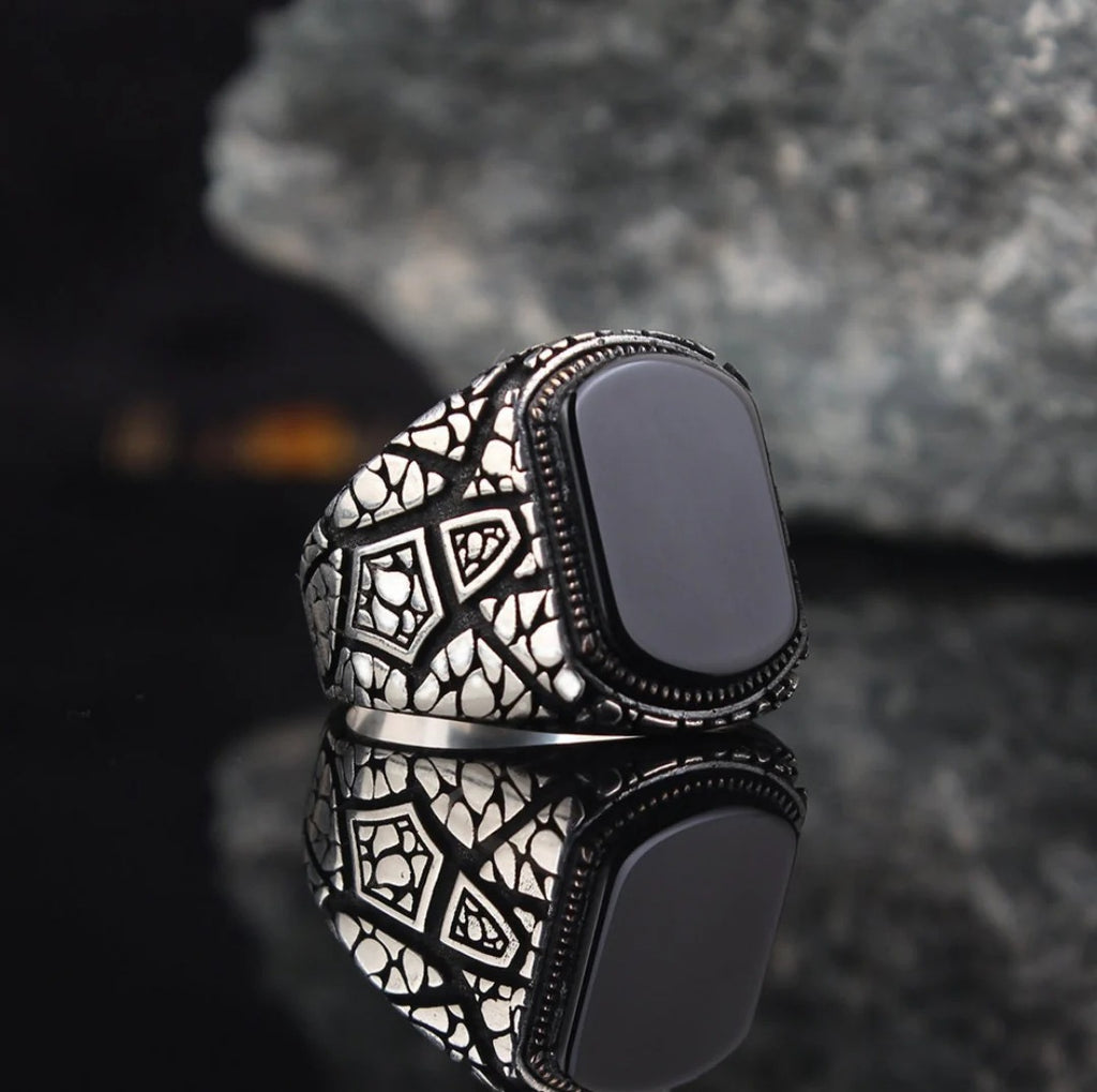 Unique Designed Turkish Style Ring with Natural Black Onyx