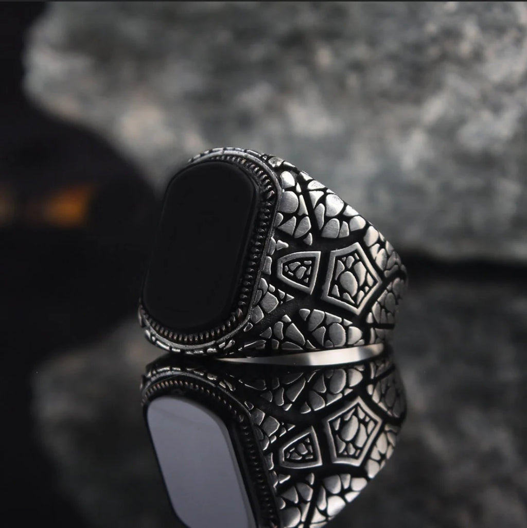 Unique Designed Turkish Style Ring with Natural Black Onyx