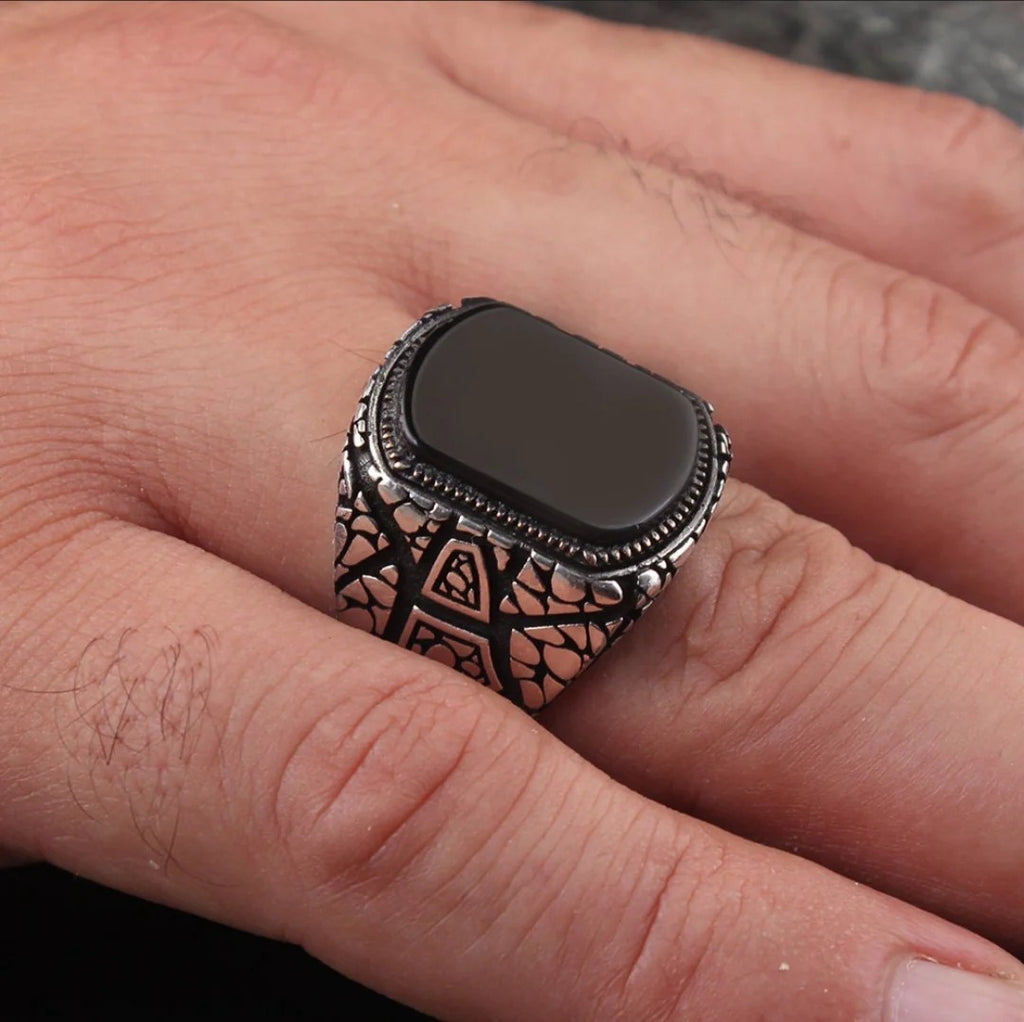 Unique Designed Turkish Style Ring with Natural Black Onyx