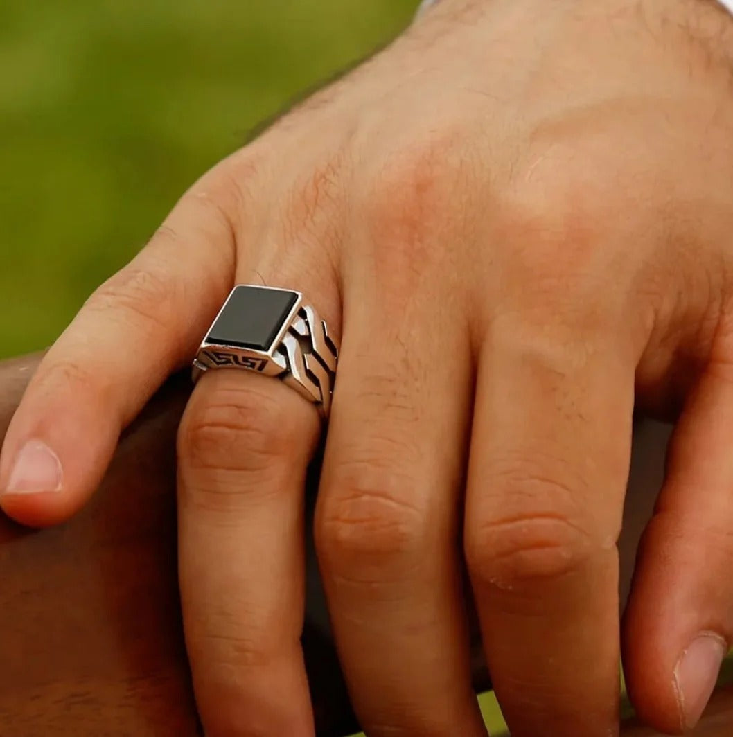 Unique Turkish Gucci Style Ring with Natural Black Onyx
