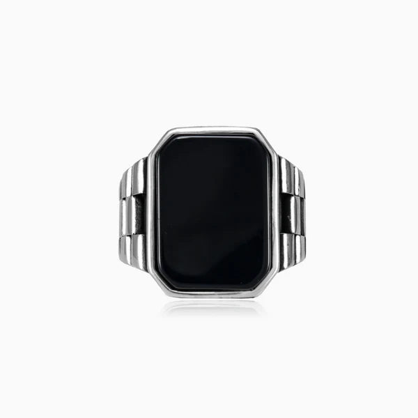 Black Onyx Stone Watch Band Design 925 Silver Ring