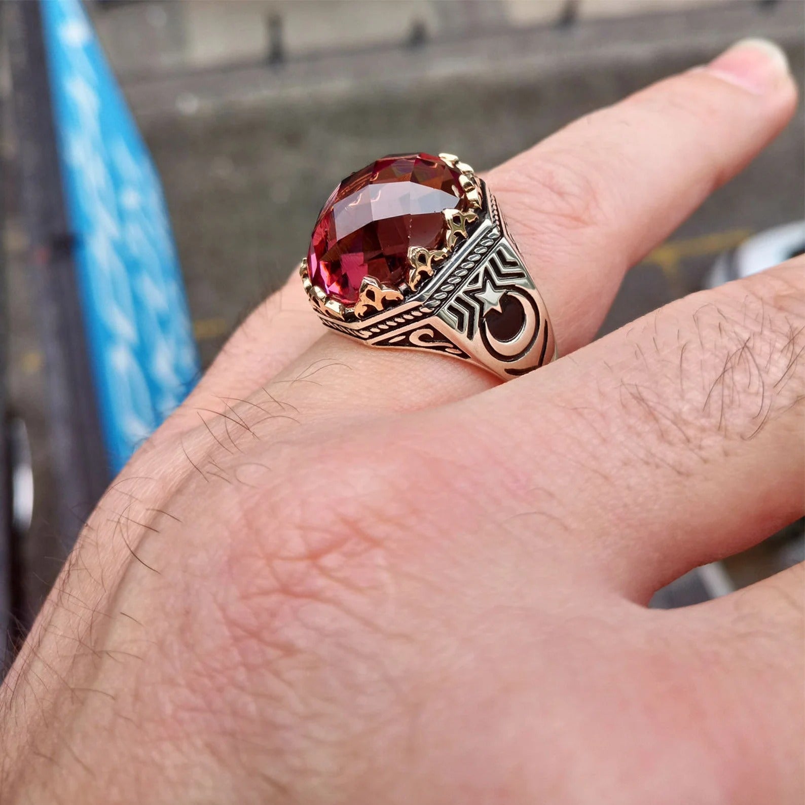 925 Sterling Silver Alexandrite Stone Moon Star Ring