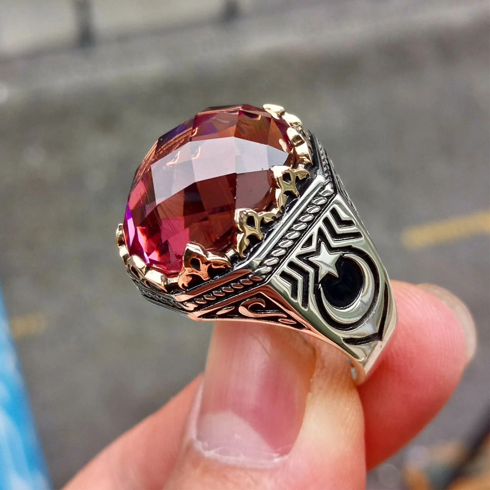 925 Sterling Silver Alexandrite Stone Moon Star Ring