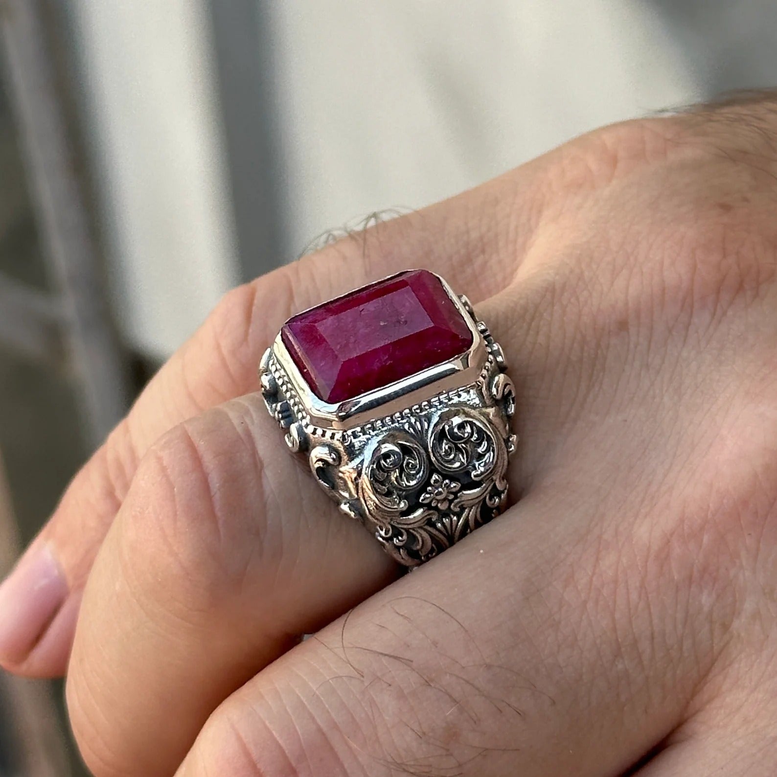 Mens Handmade Natural Ruby Stone Ring