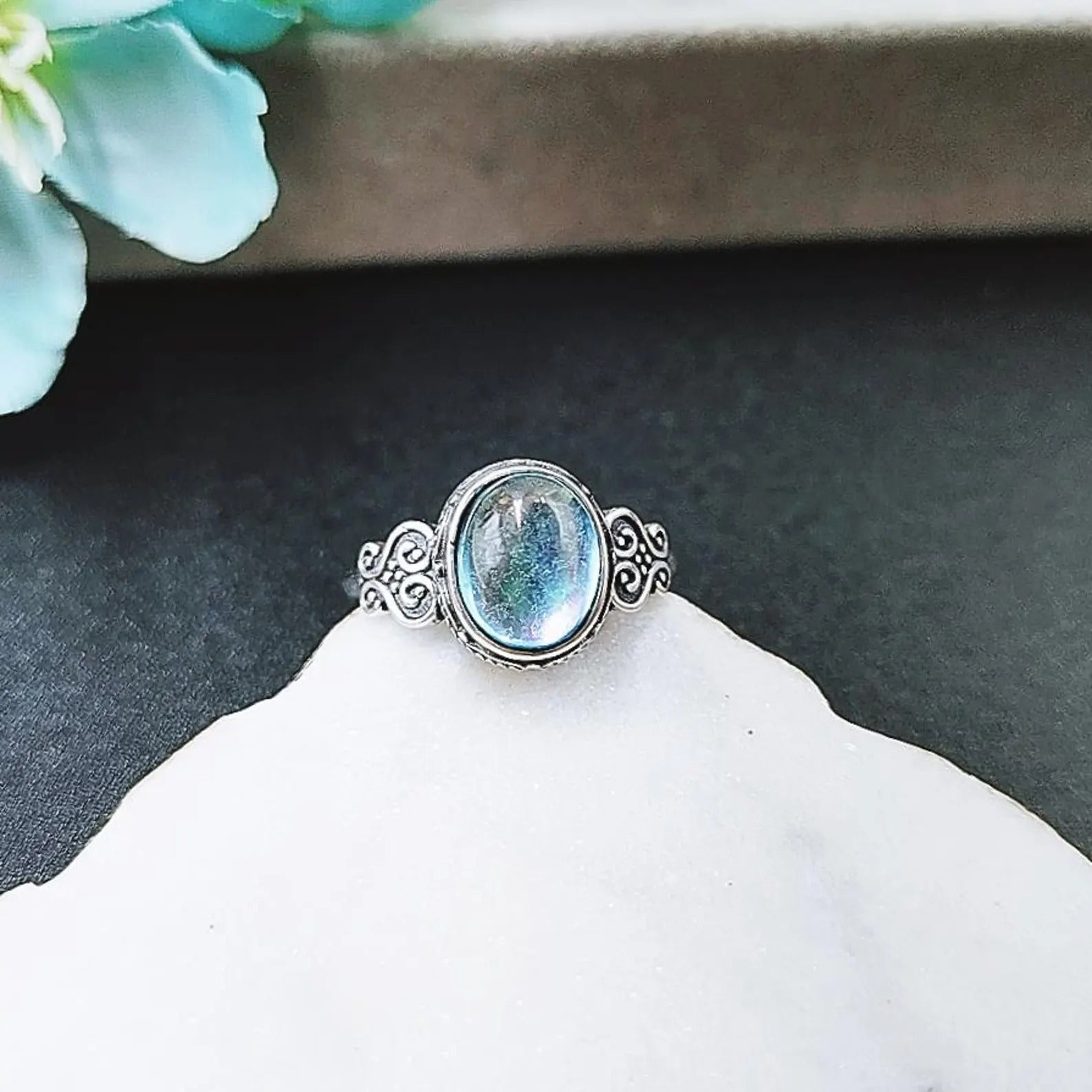 Natural Aquamarine Oval Stone Retro Ring