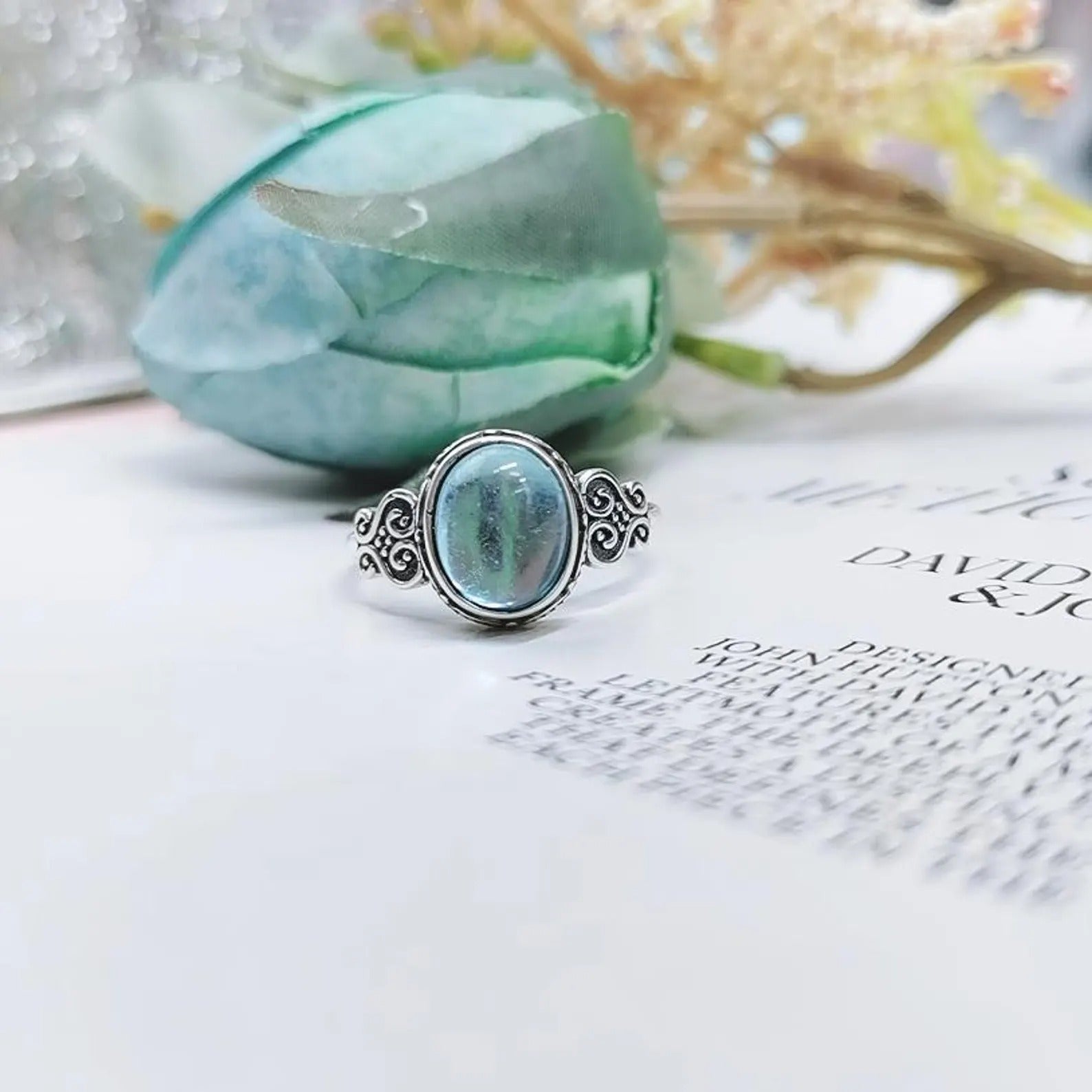 Natural Aquamarine Oval Stone Retro Ring