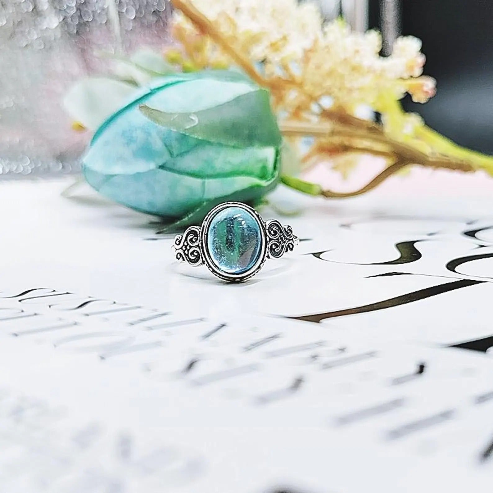 Natural Aquamarine Oval Stone Retro Ring