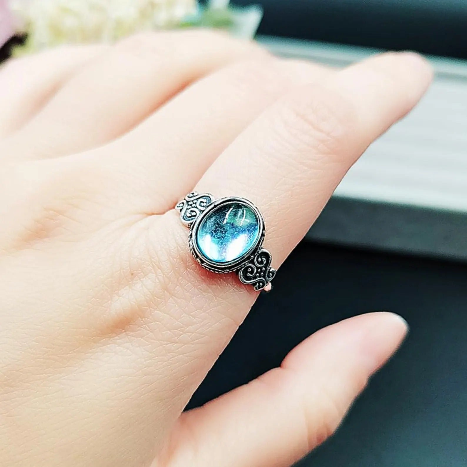 Natural Aquamarine Oval Stone Retro Ring