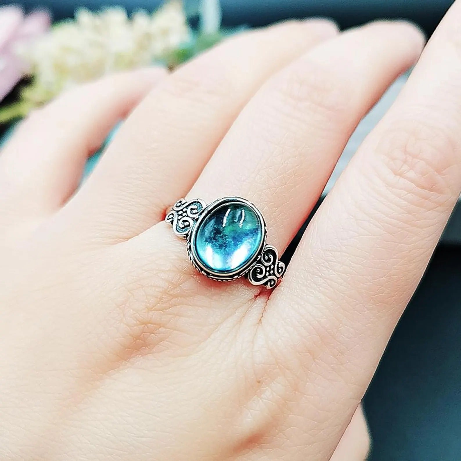 Natural Aquamarine Oval Stone Retro Ring