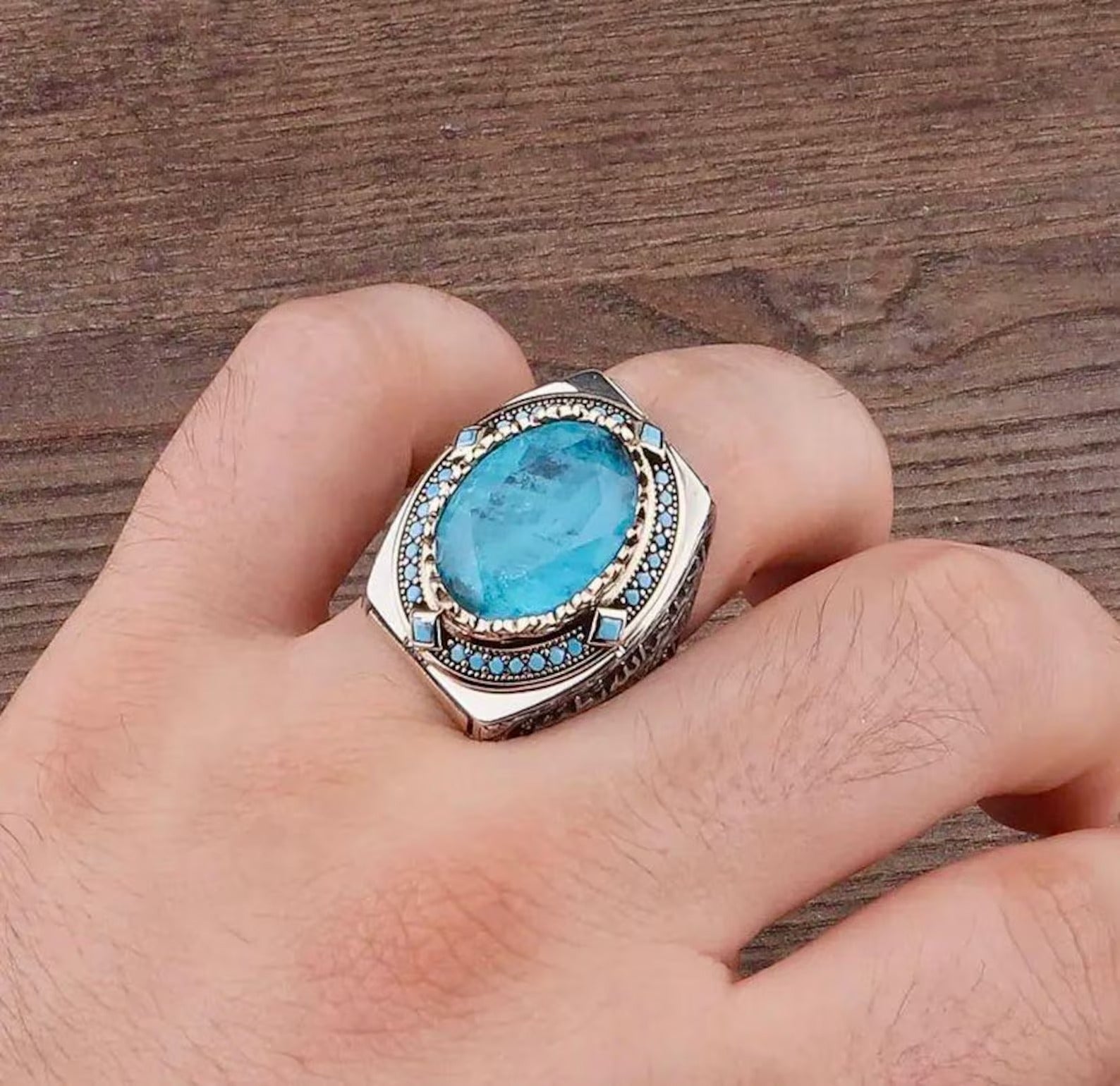 Silver Aquamarine Stone Men Ring,