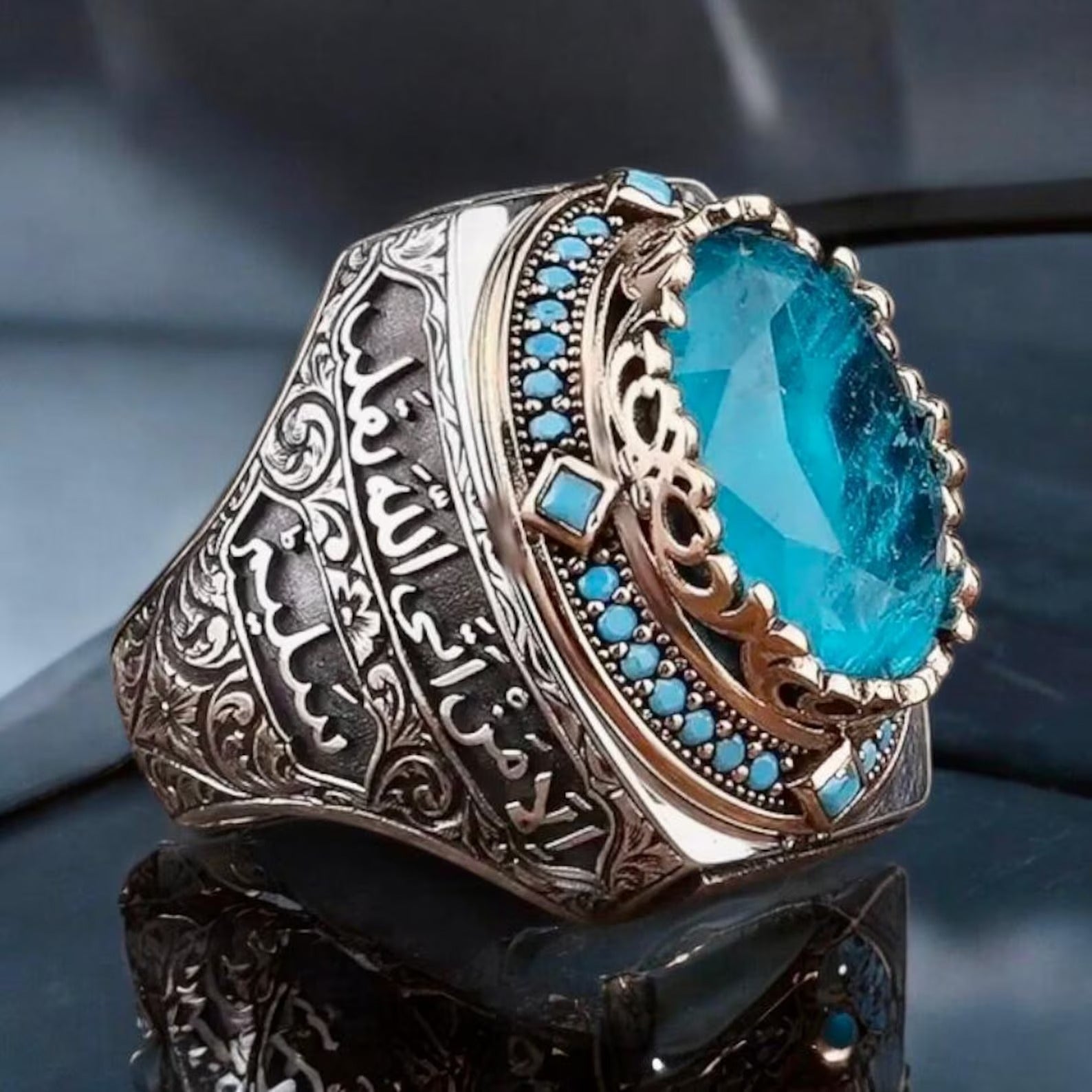 Silver Aquamarine Stone Men Ring,