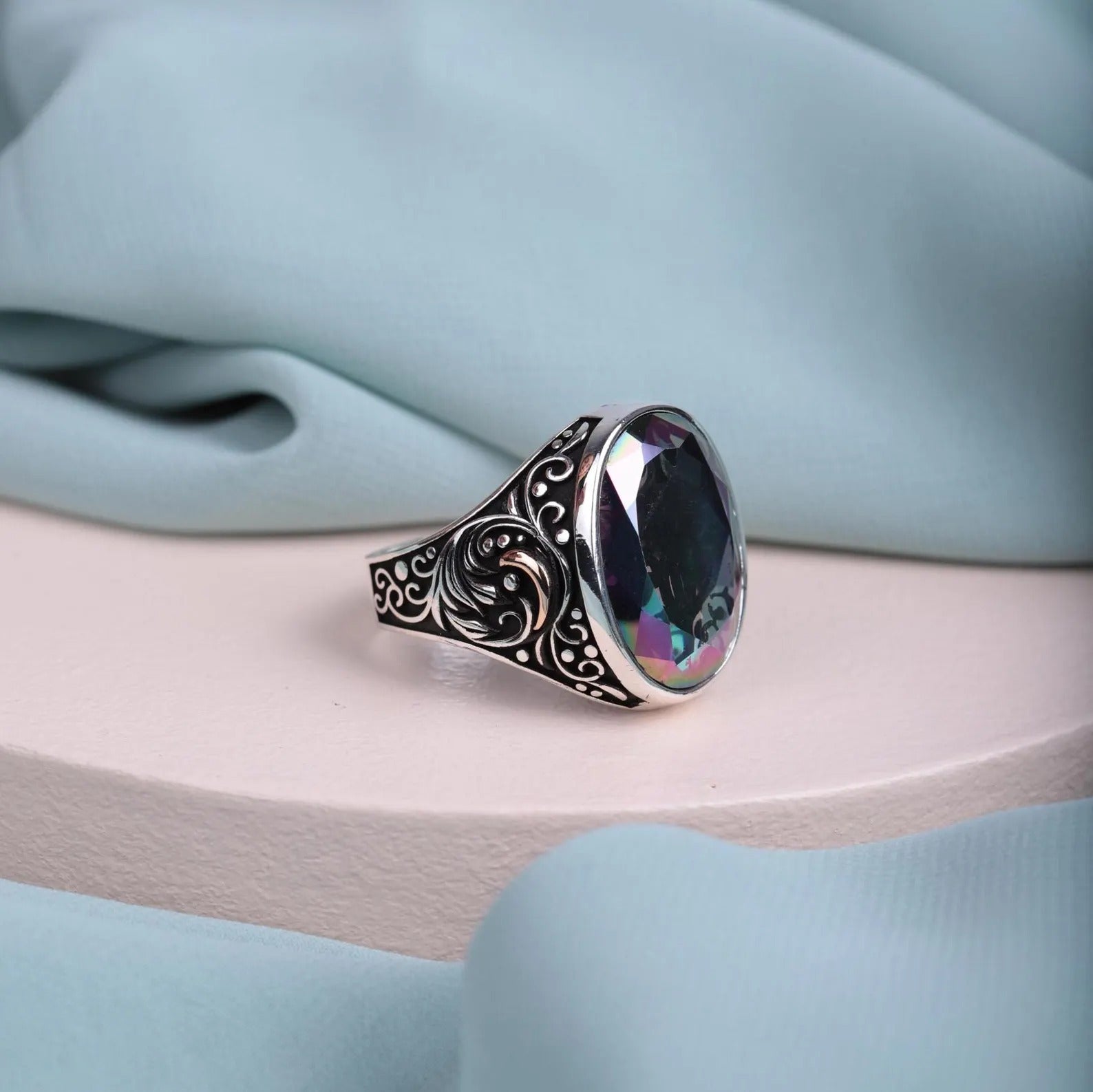 Exquisite Ottoman Style Men's Ring with Multistone