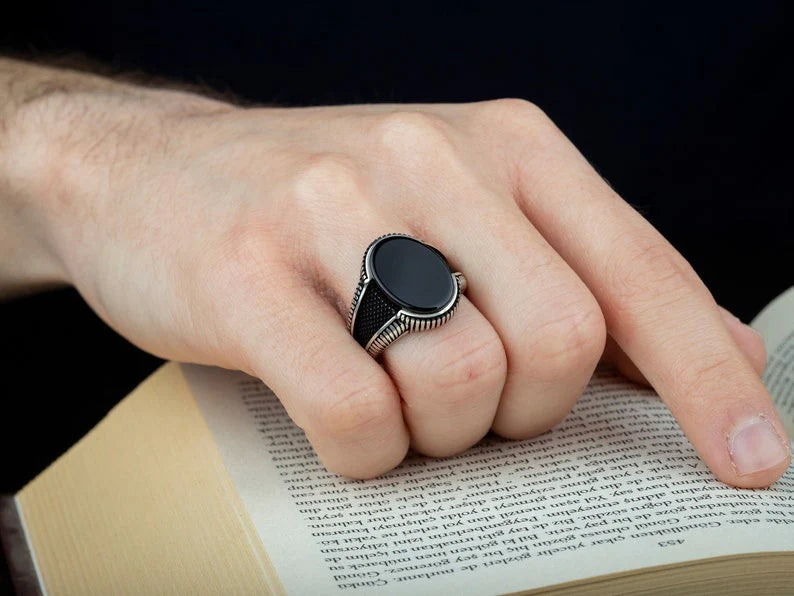 Black Aqeeq Onyx Oval Micro Cut 925 Silver Ring