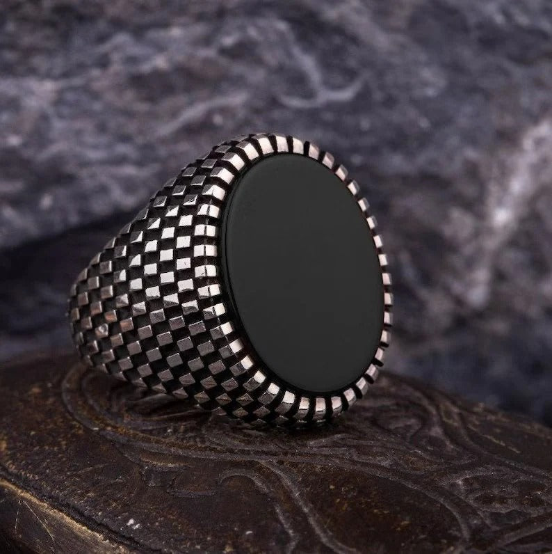 Classic Signet Ring with Natural Black Onyx Silver Ring
