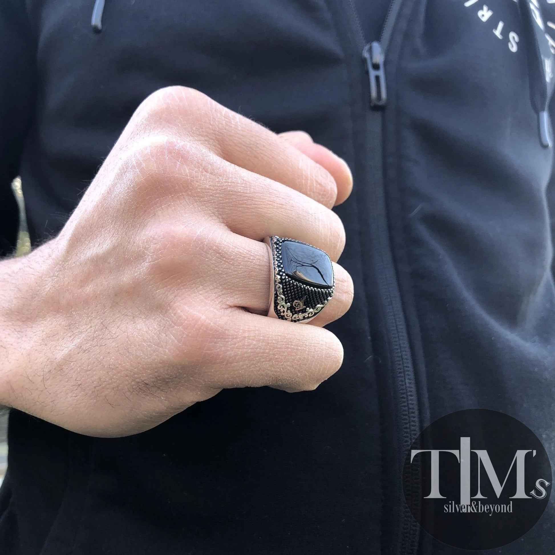 Mens Black Gemstone Signet Ring