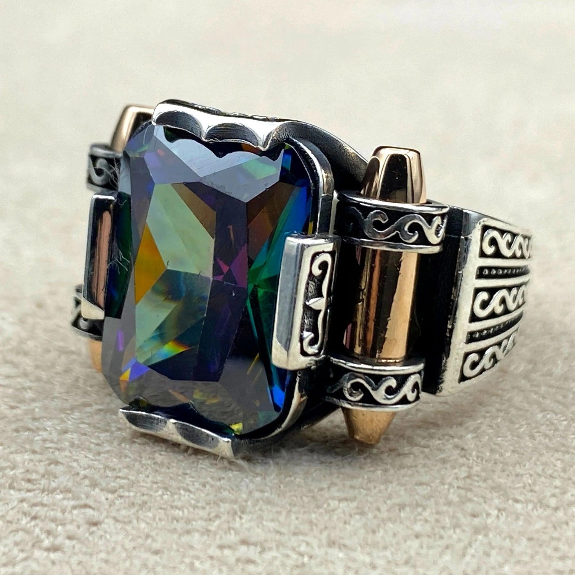 Mens Mystic Topaz Stone Silver Ring