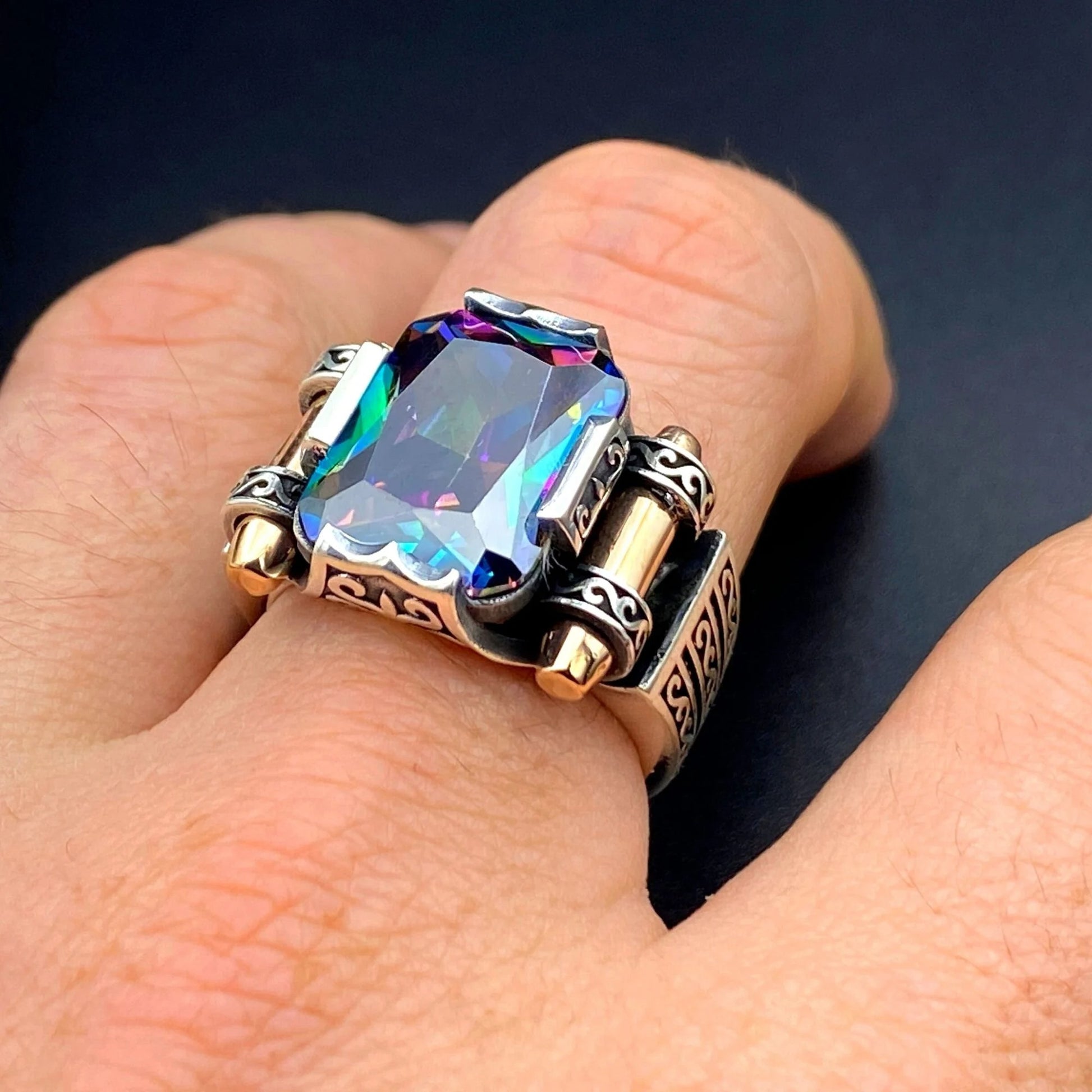 Mens Mystic Topaz Stone Silver Ring