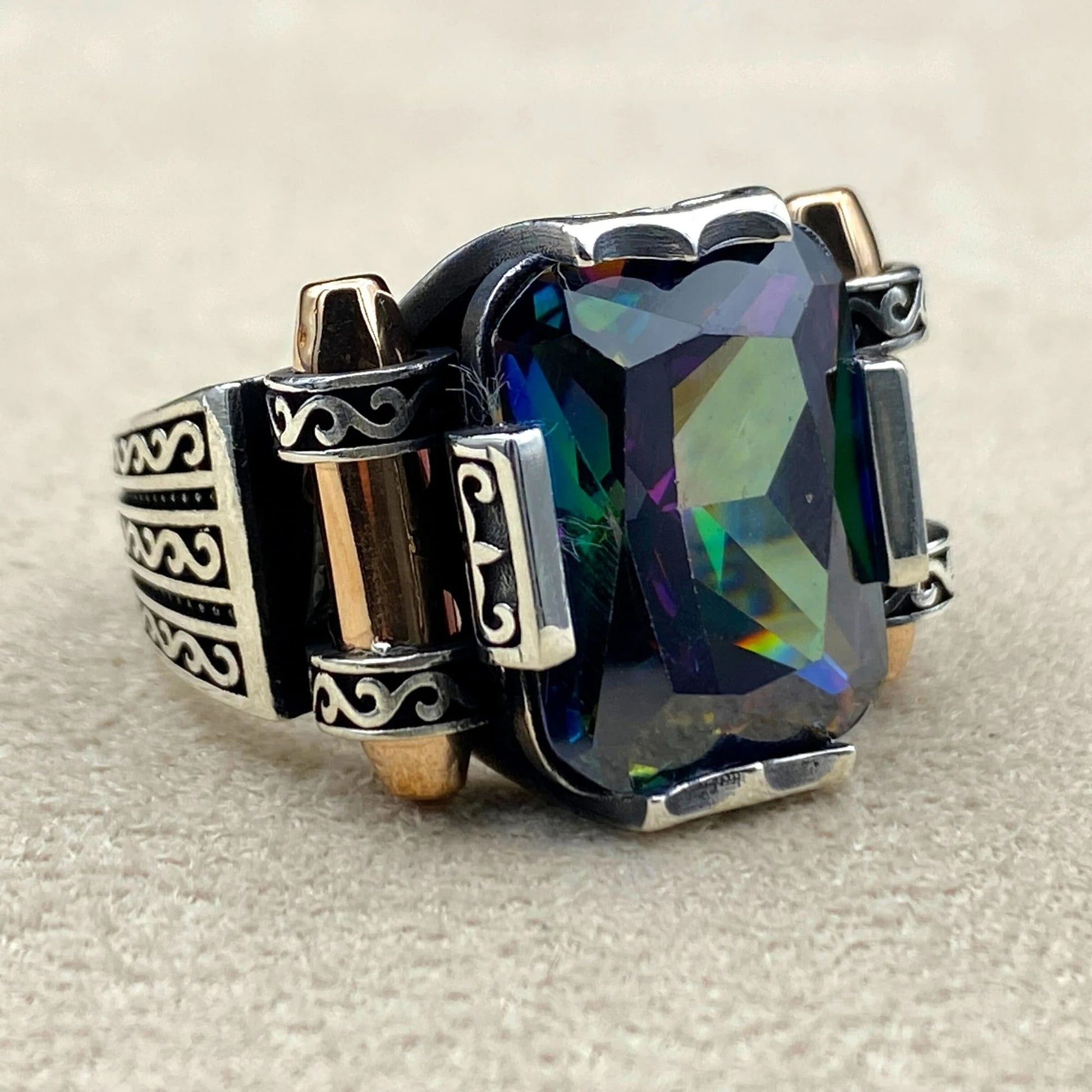 Mens Mystic Topaz Stone Silver Ring