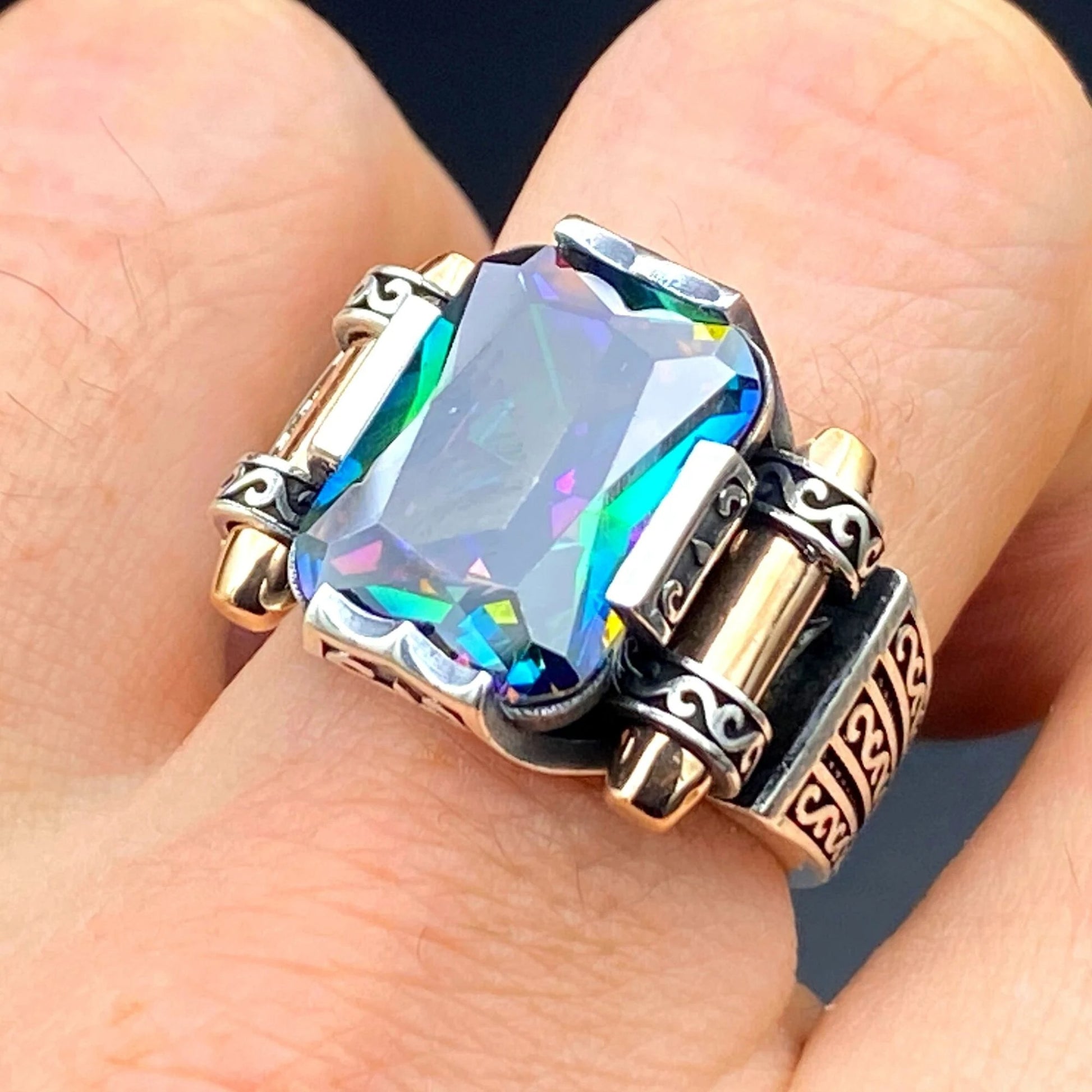 Mens Mystic Topaz Stone Silver Ring