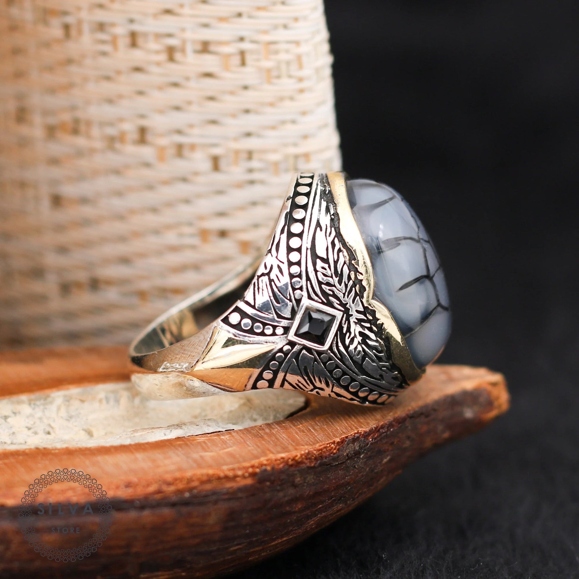 Agate Aqeeq Men Silver Ring
