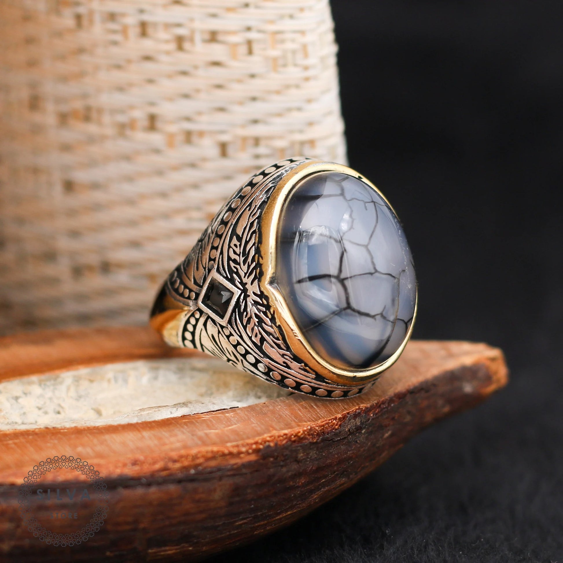Agate Aqeeq Men Silver Ring