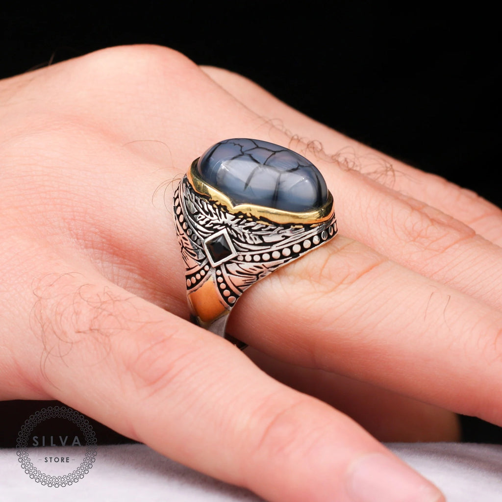 Agate Aqeeq Men Silver Ring