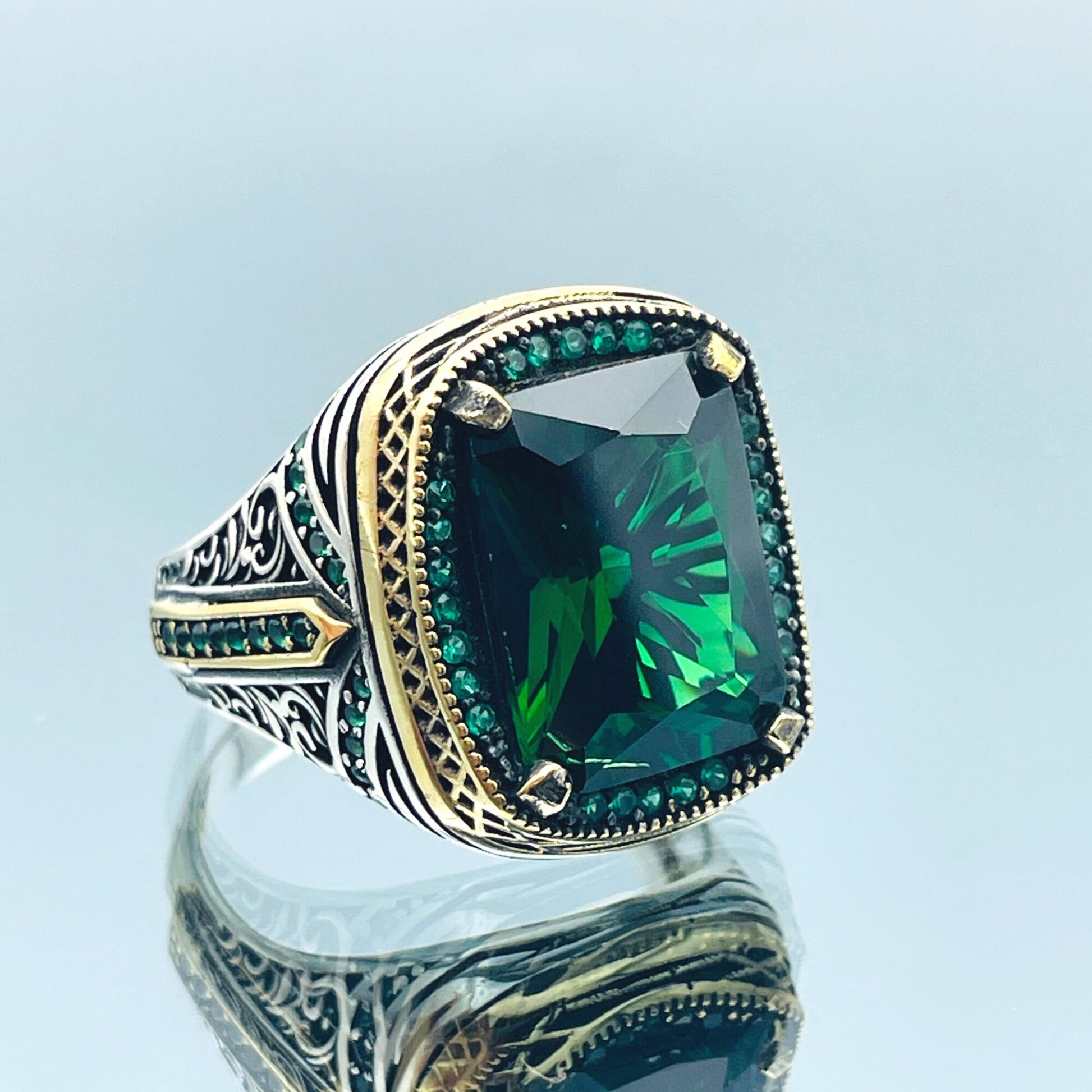 Emerald Silver Men Green Stone Ring