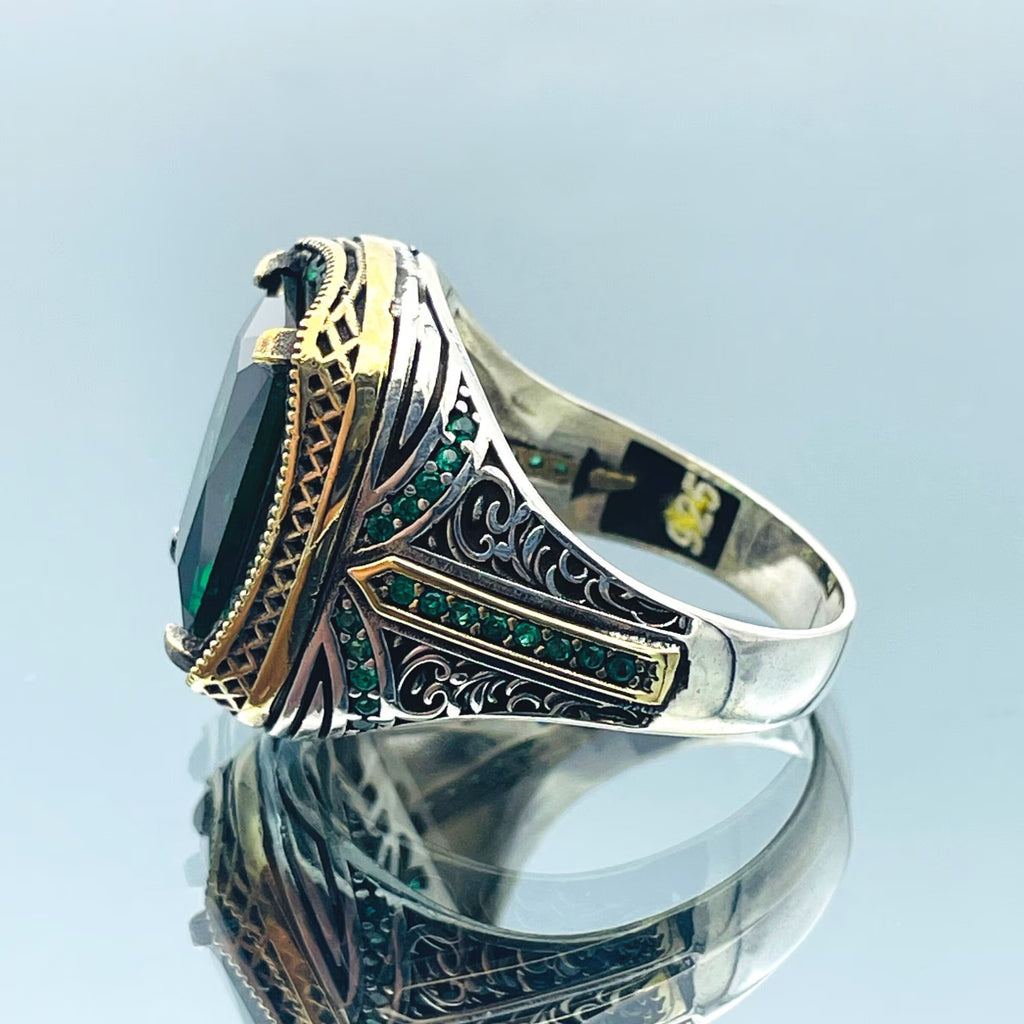 Emerald Silver Men Green Stone Ring