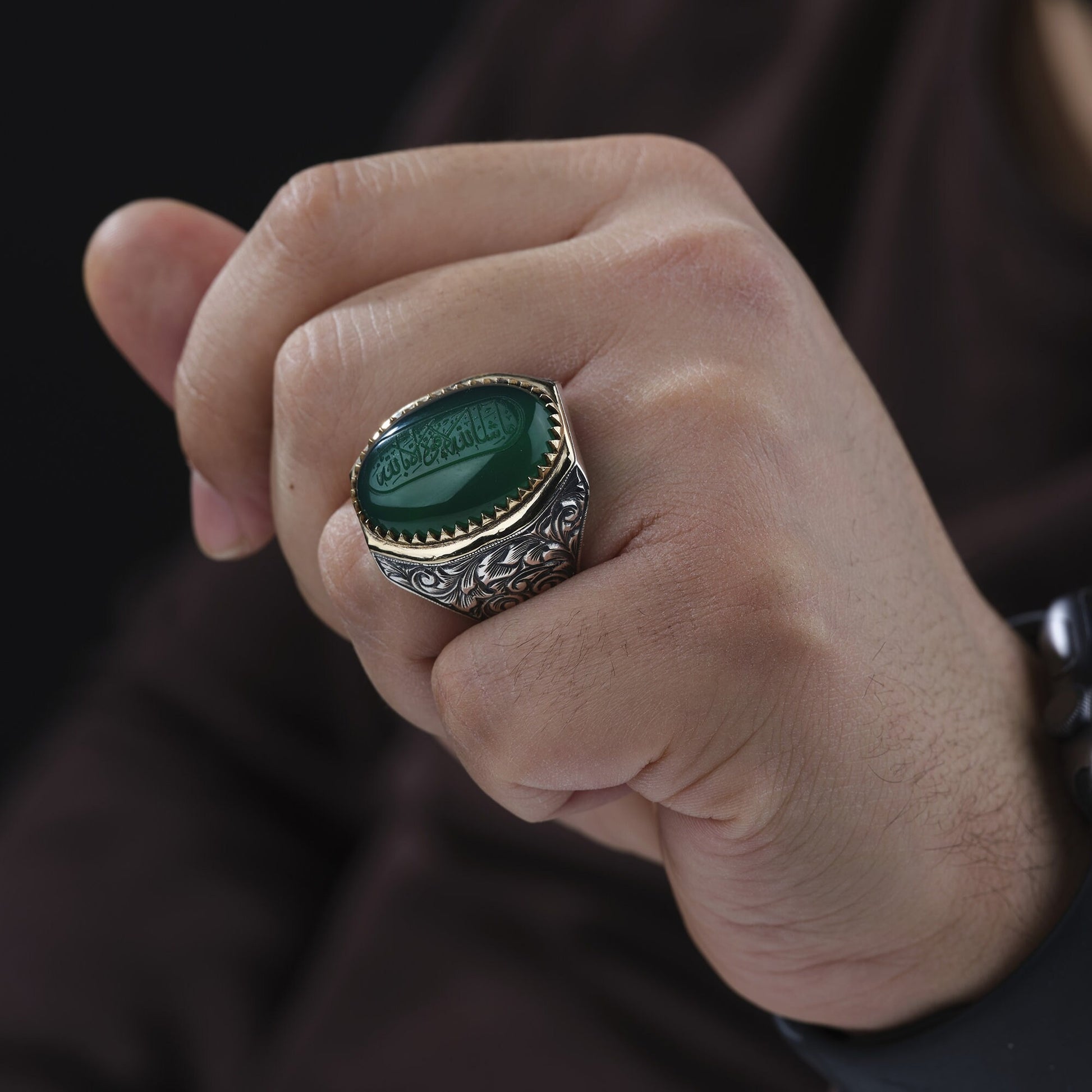 Green Agate Men's Silver Ring