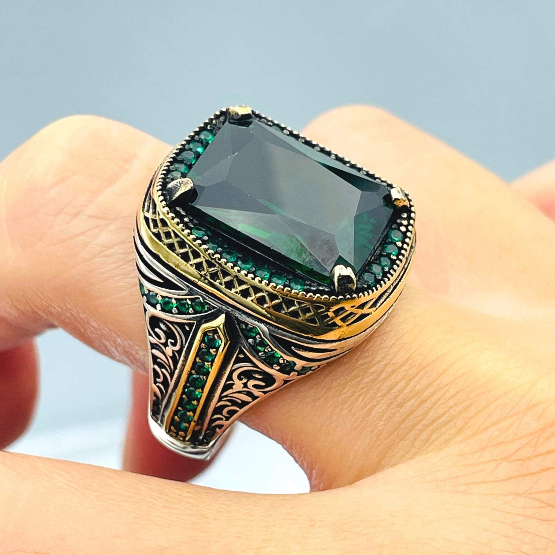 Emerald Silver Men Green Stone Ring