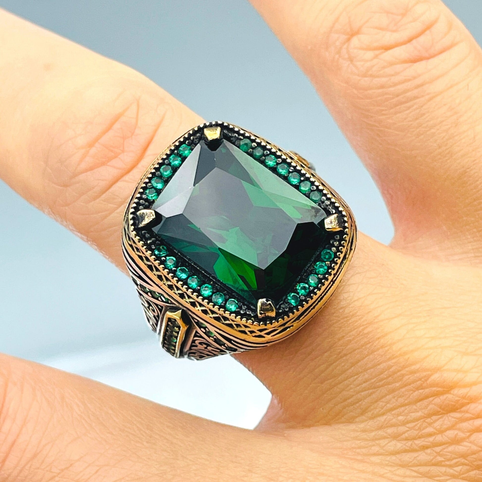Emerald Silver Men Green Stone Ring