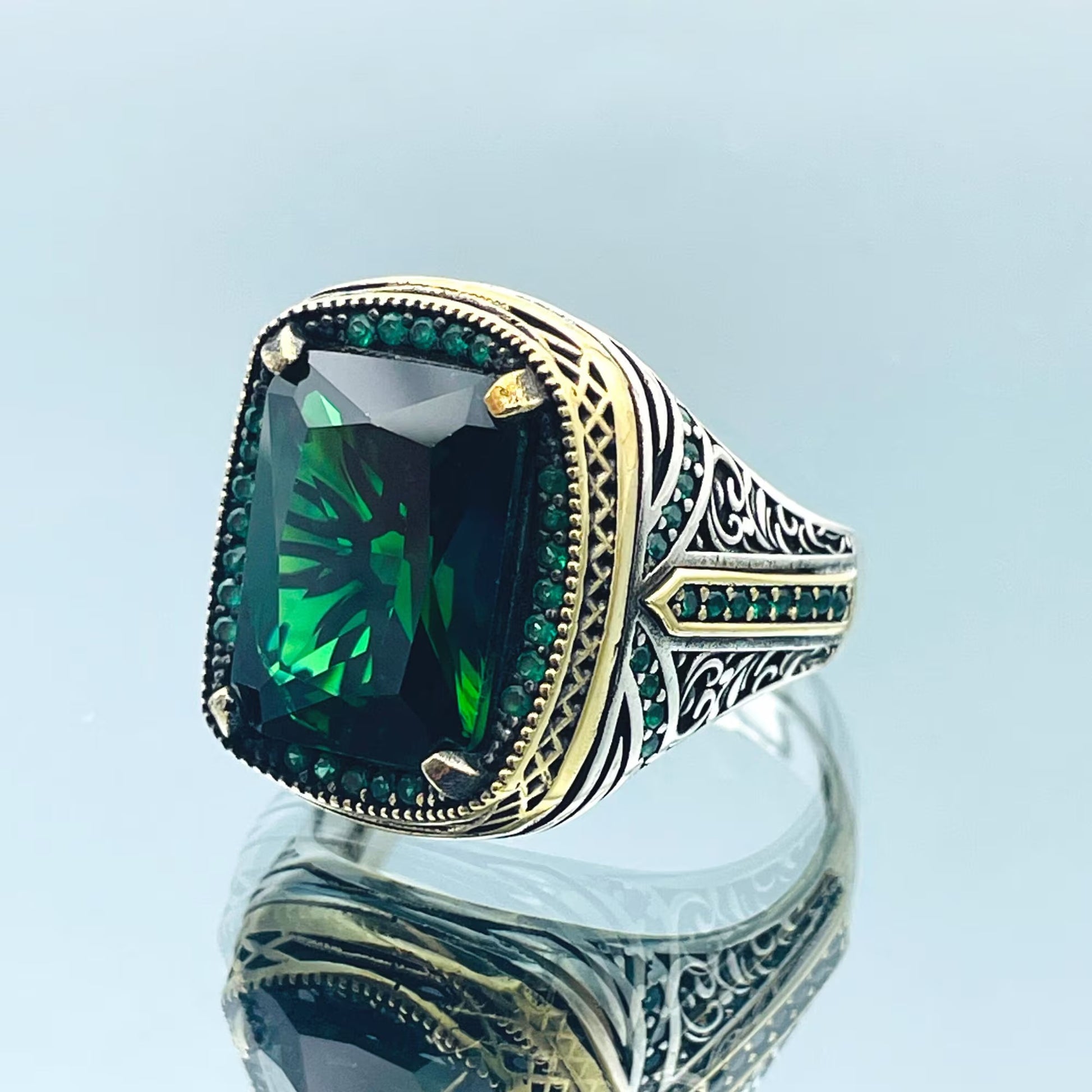 Emerald Silver Men Green Stone Ring