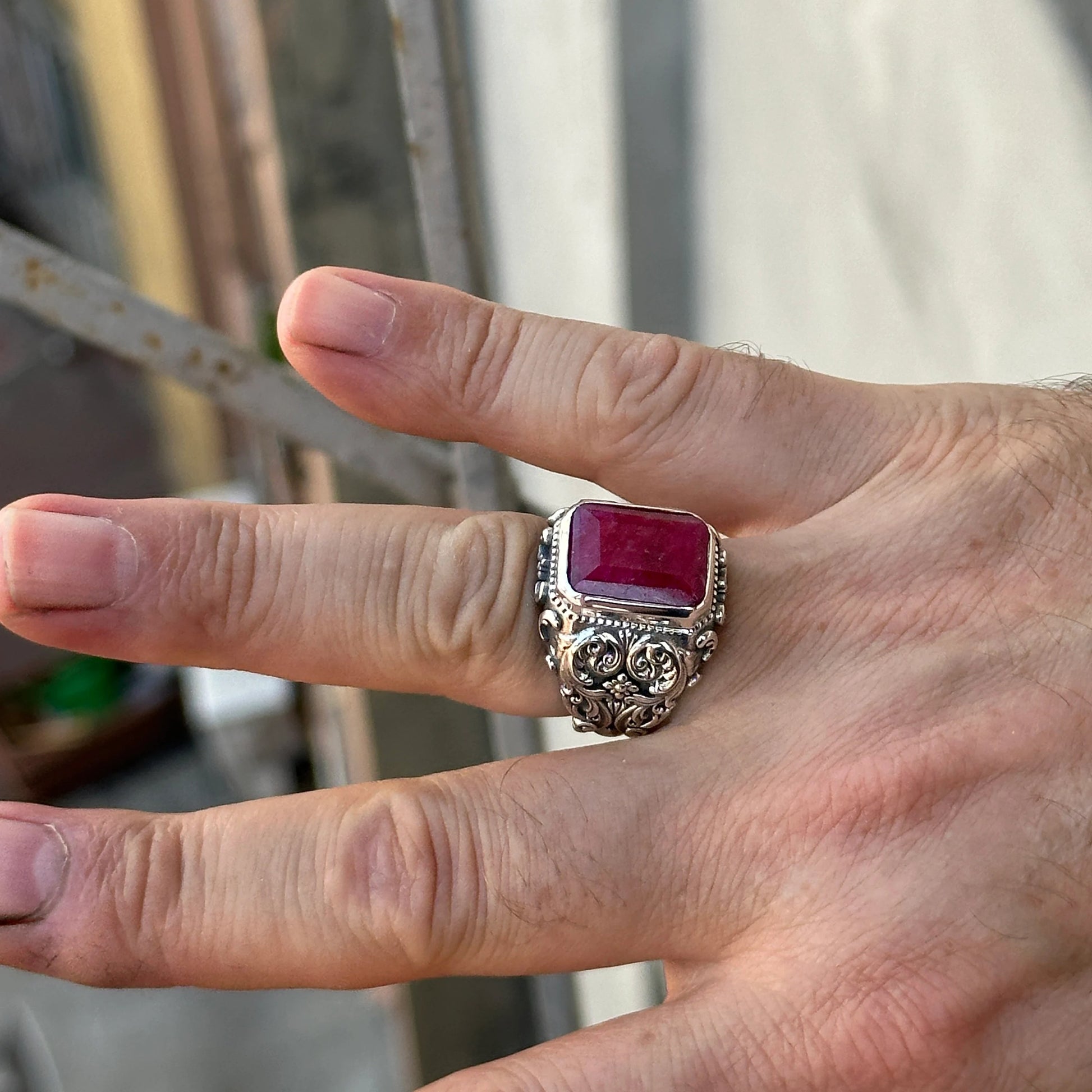 Mens Handmade Natural Ruby Stone Ring