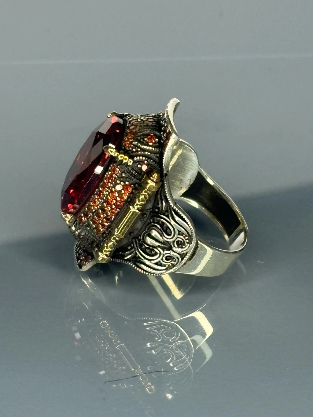 Turkish Handmade Sterling Silver Ruby Stone Men Ring