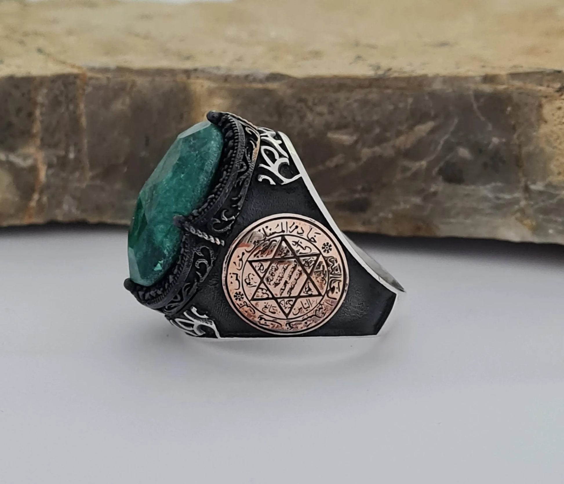Solomon Symbol Emerald Stone Silver Ring