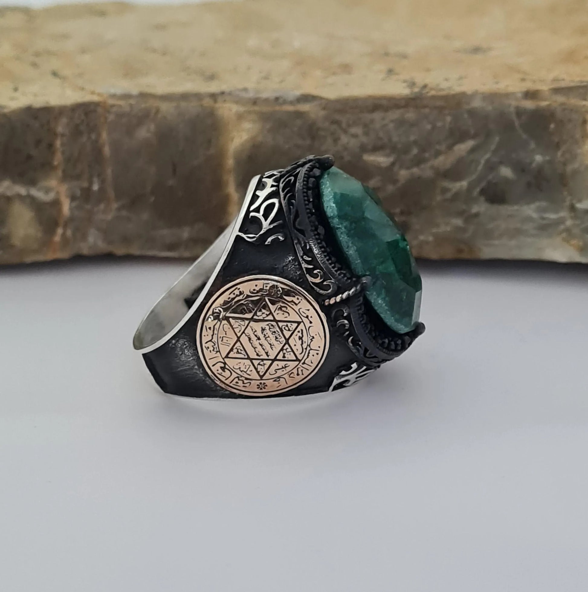 Solomon Symbol Emerald Stone Silver Ring