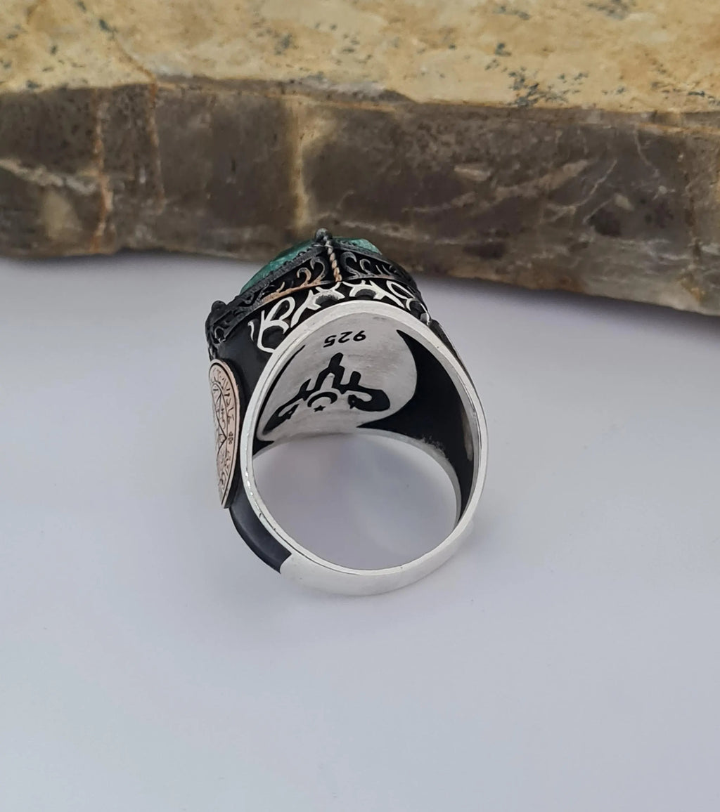Solomon Symbol Emerald Stone Silver Ring