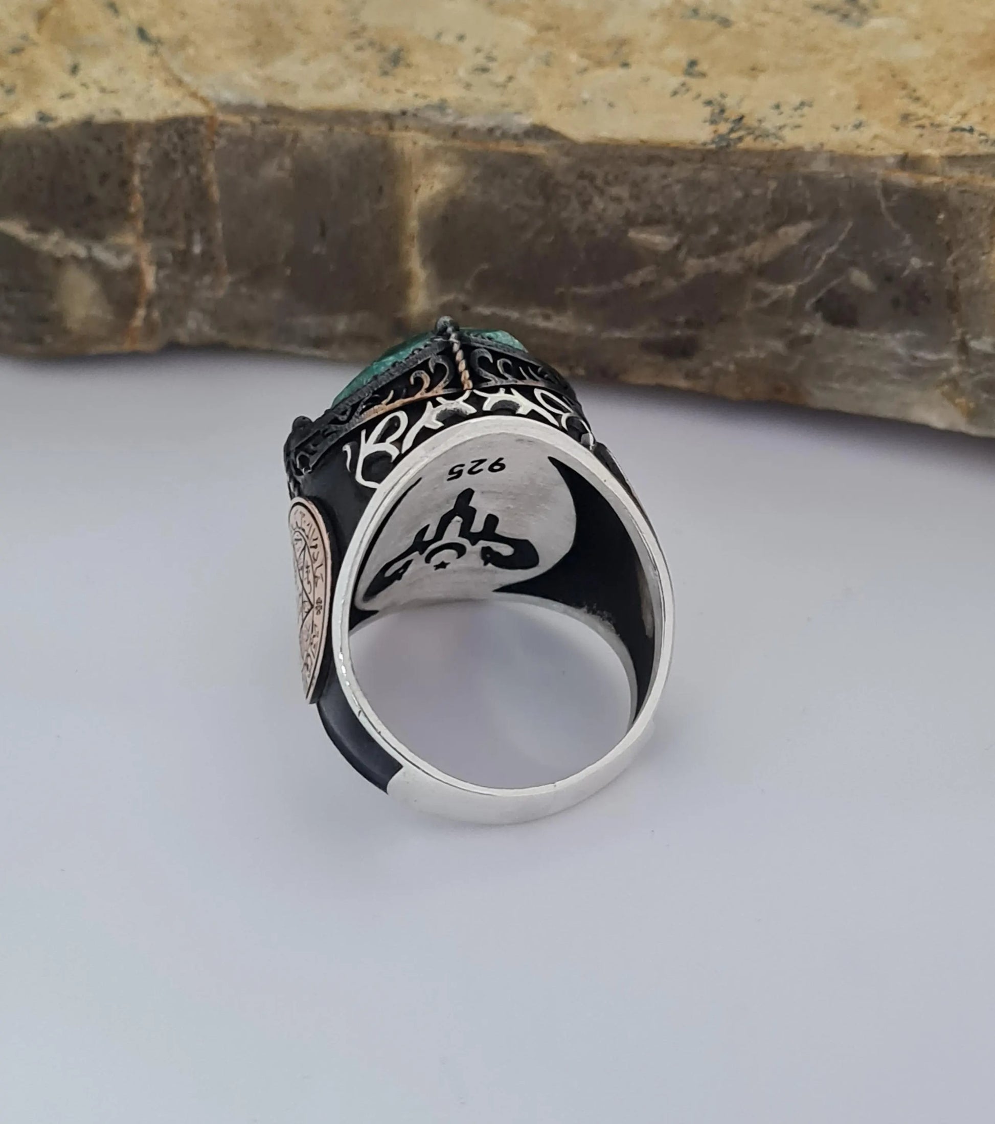 Solomon Symbol Emerald Stone Silver Ring