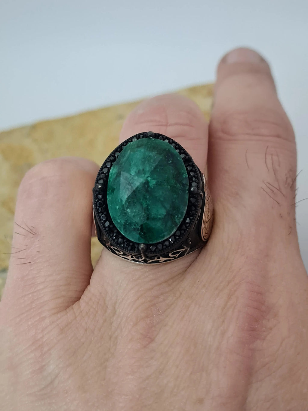 Solomon Symbol Emerald Stone Silver Ring