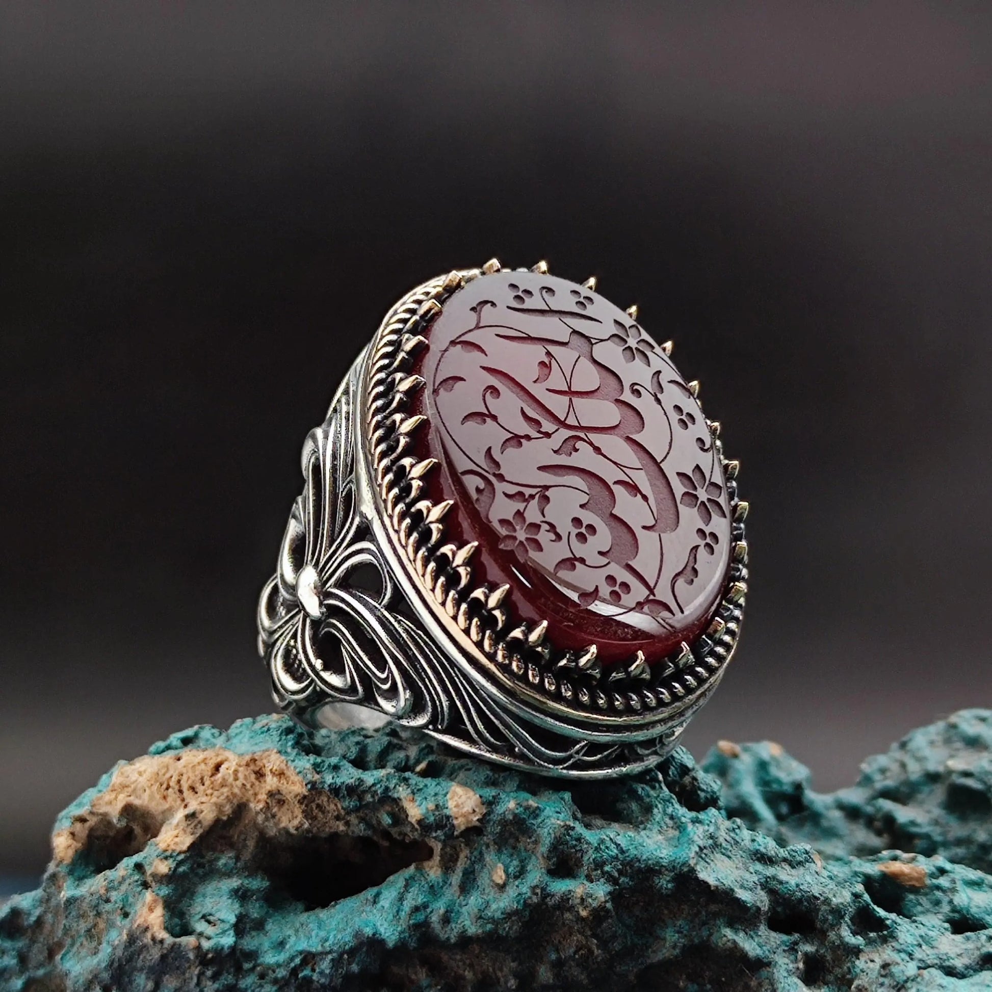 Unique Handmade Silver Men's Ring with carved