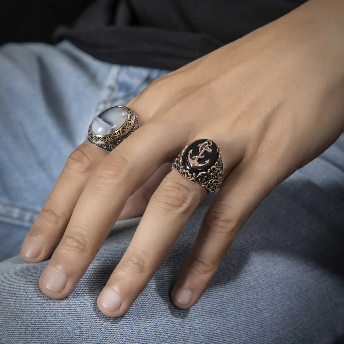 Turkish Style Sailor's Anchor Ring with Natural Black Onyx