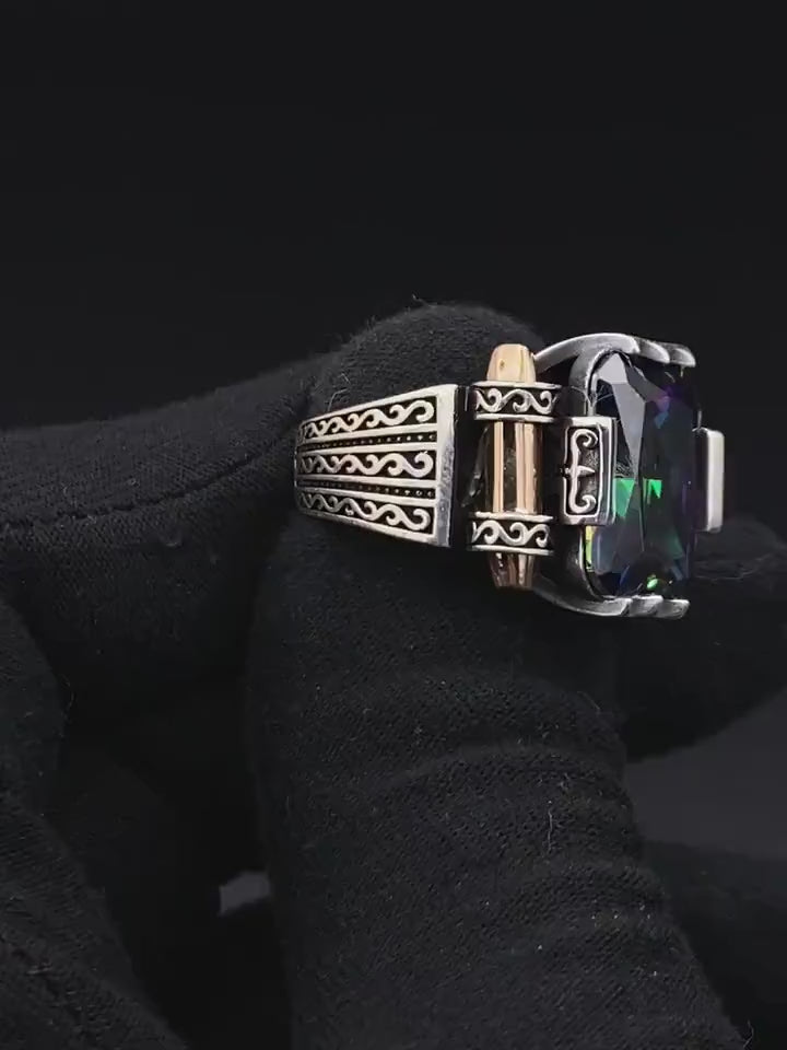 Mens Mystic Topaz Stone Silver Ring