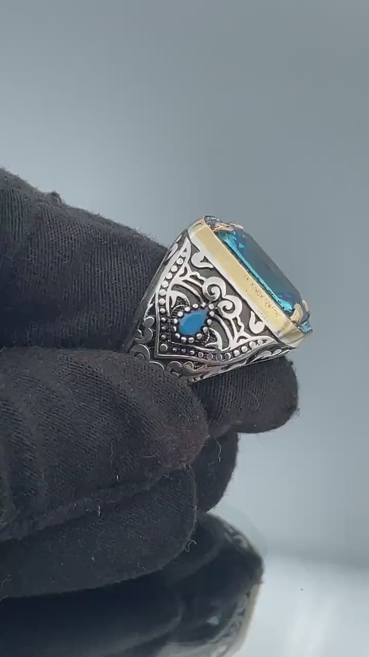 Mens Blue Aquamarine Stone Ring