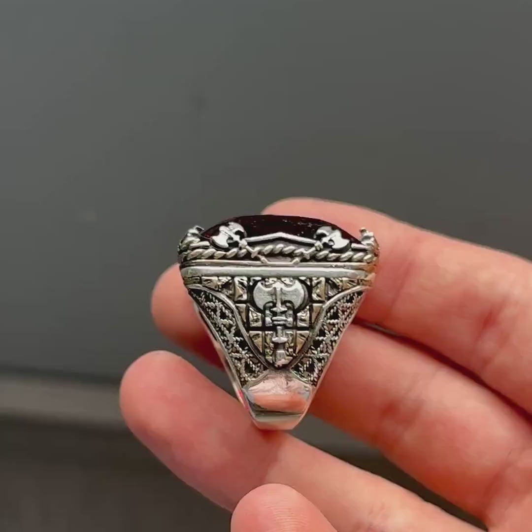 Mens Silver Large Ruby Stone Ring